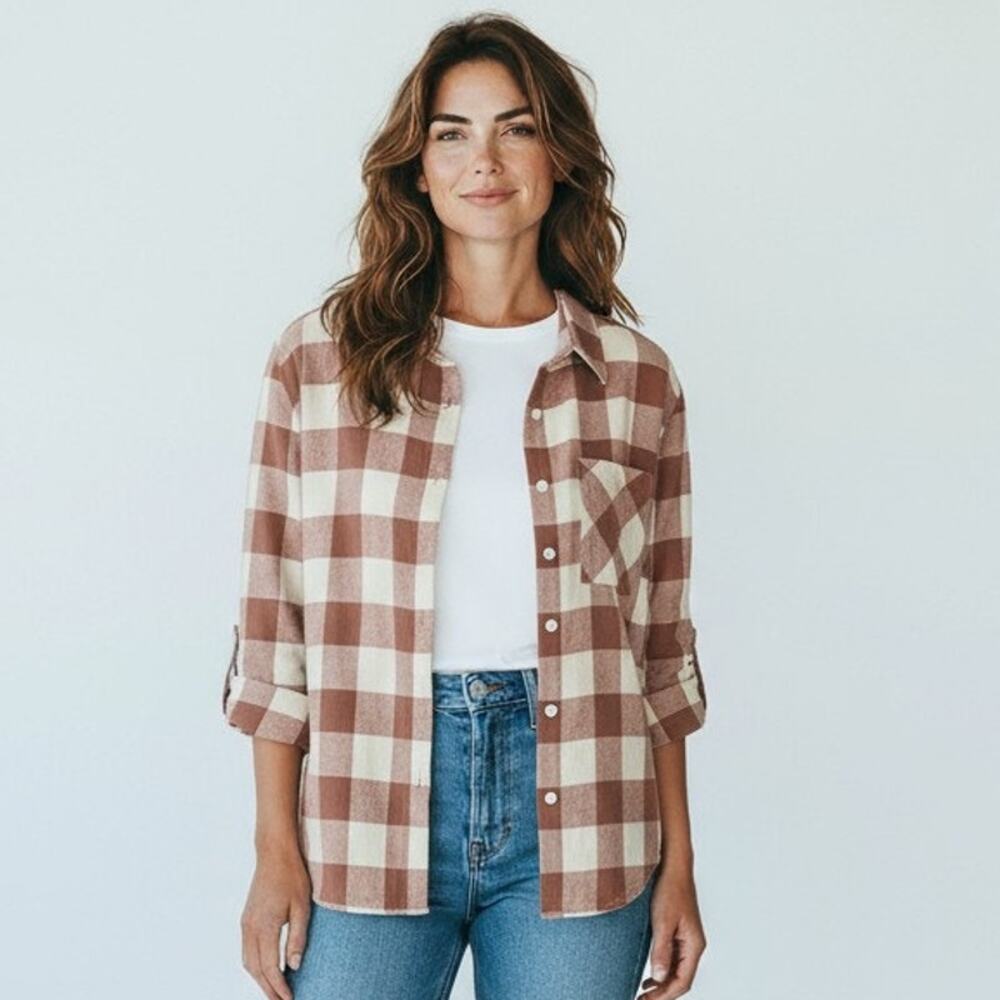 Wrangler Womens M Pink Plaid Lightweight Flannel Shirt Longsleeve Western Casual